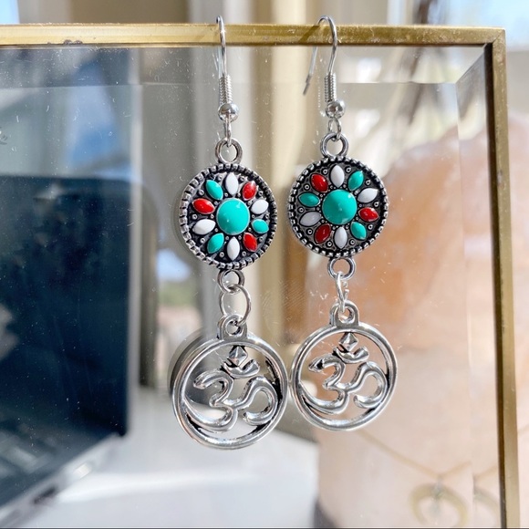 3/$15 Silver Boho Mandala Namaste Dangle Earrings - Picture 6 of 7